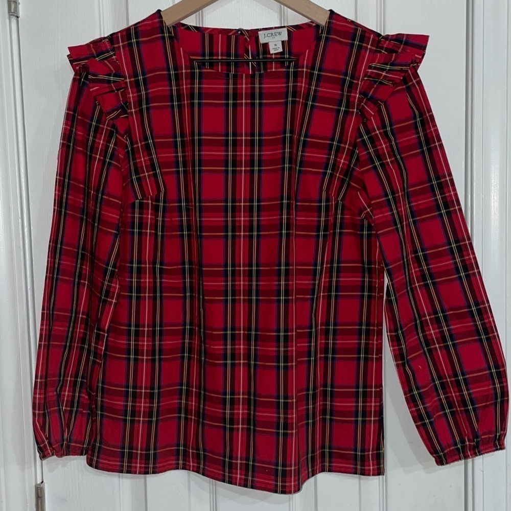 J Crew Tartan Christmas Plaid Ruffle Trim Woven Top Size Small